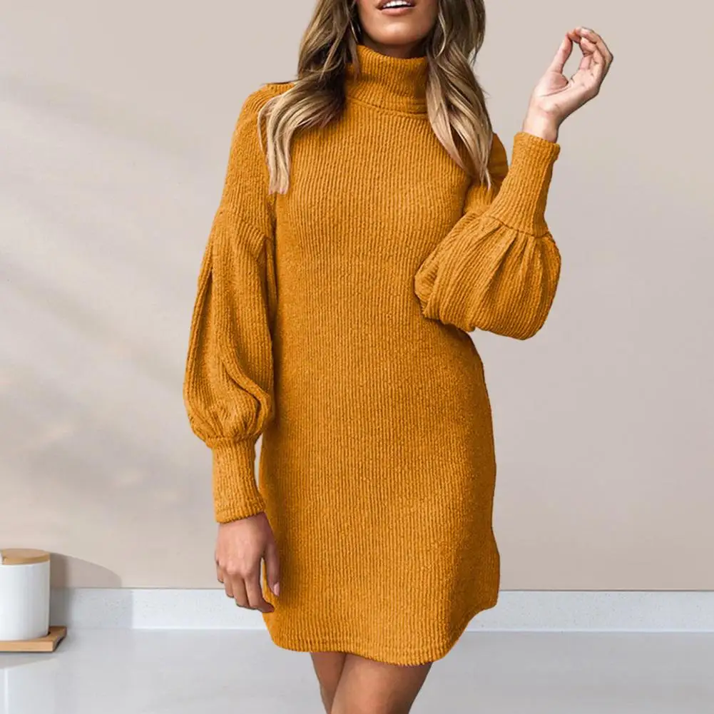 

Повседневное уютное вязаное платье-свитер, женское осенне-зимнее эластичное теплое мини-платье с высоким воротником и длинными рукавами-фонариками