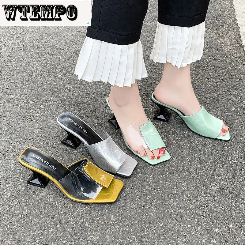 WTEMPO Women Strange Heels Shoes Patchwork Femmes Clear Sandales Square Open Toe Platform High Heels Slippers Wholesale
