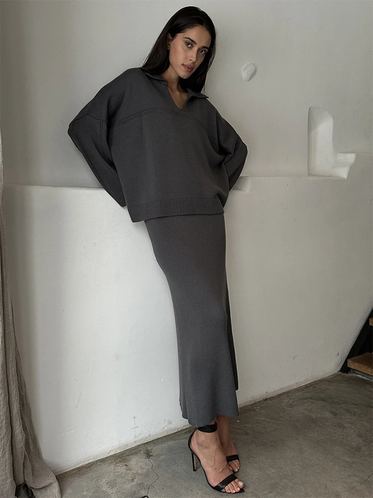 Вязаный свитер с v-образным вырезом и юбкой модный свободный комплект из 2