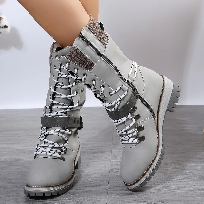 

2023 Fashion Shoes for Women Lace Up Zipper Women's Boots Winter Round Toe Mixed Colors Mid Calf Boots Platform Western Boots