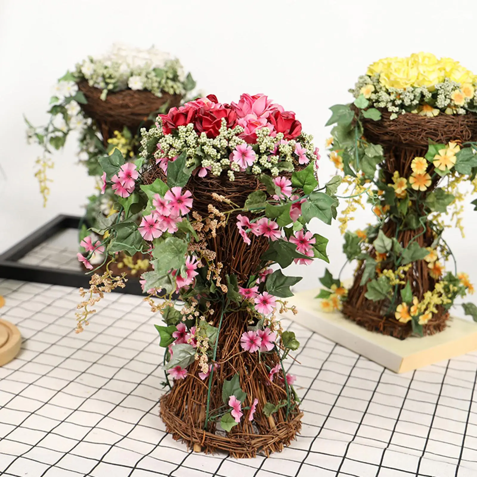 

Flower Centerpieces with Rattan Basket Fake Bridal Bouquet Wedding Party Festival Kitchen Living Room Decor