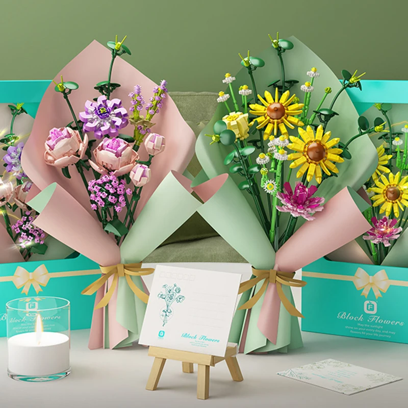 

DIY Романтический букет роз, строительный блок, подсолнечник, растение, цветок, украшение для дома, бонсай, кирпич в сборе, детская игрушка, по...