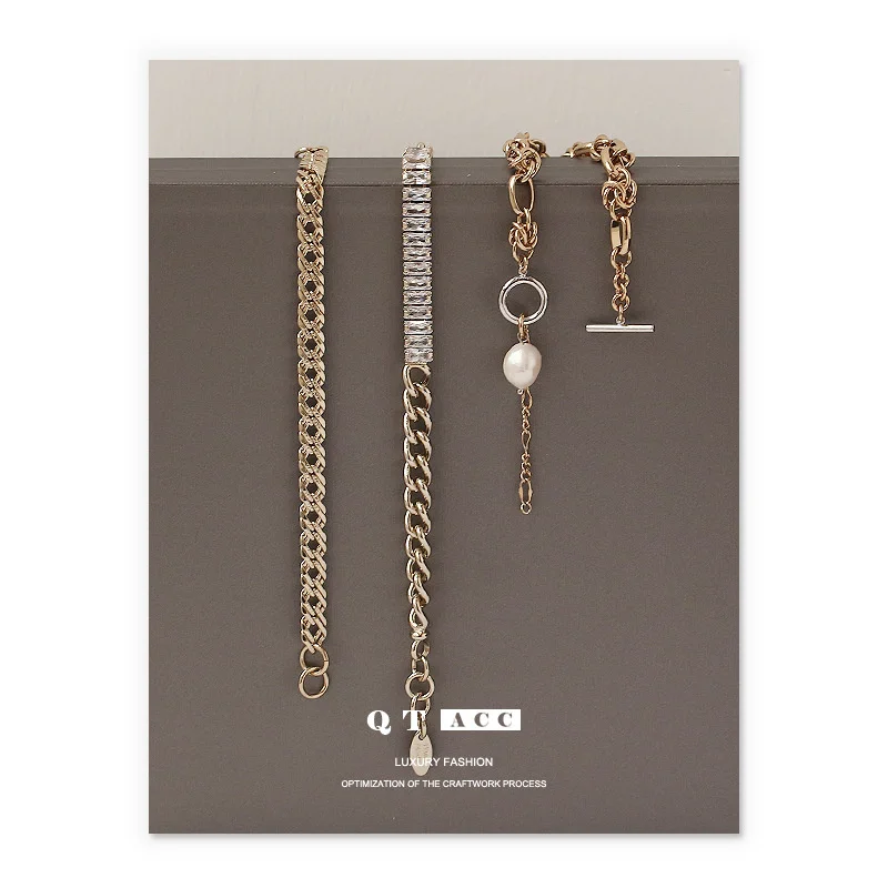 

Brass plated coffee gold cool style personalized Pearl Bracelet exaggerated ins net Red Hip Hop zircon chain bracelet female