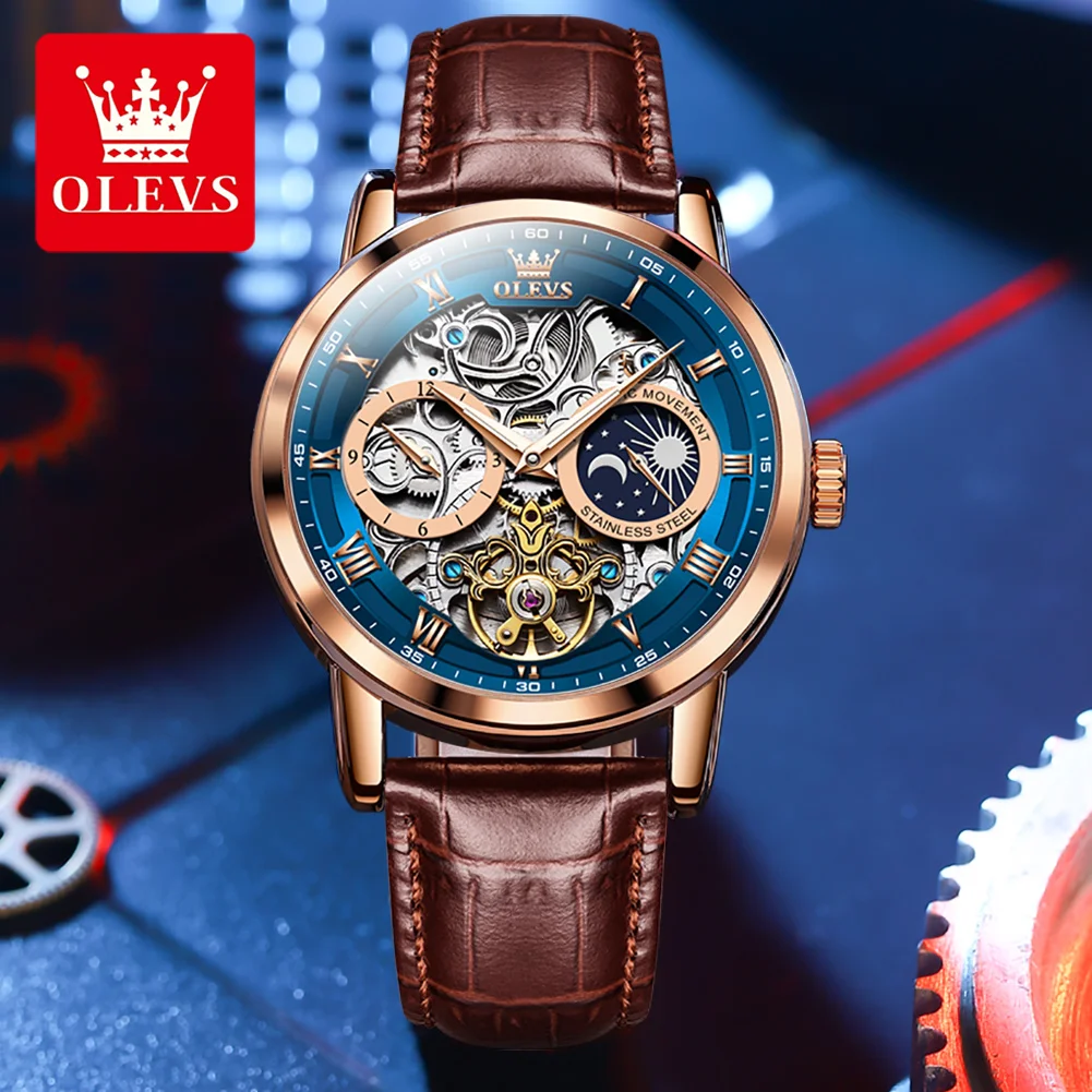 

OLEVS New Flywheel Tourbillon Moon Phase 44mm Mechanical Watch for Men Luminous Skeleton Hollow out Male Clock Relogio Masculino
