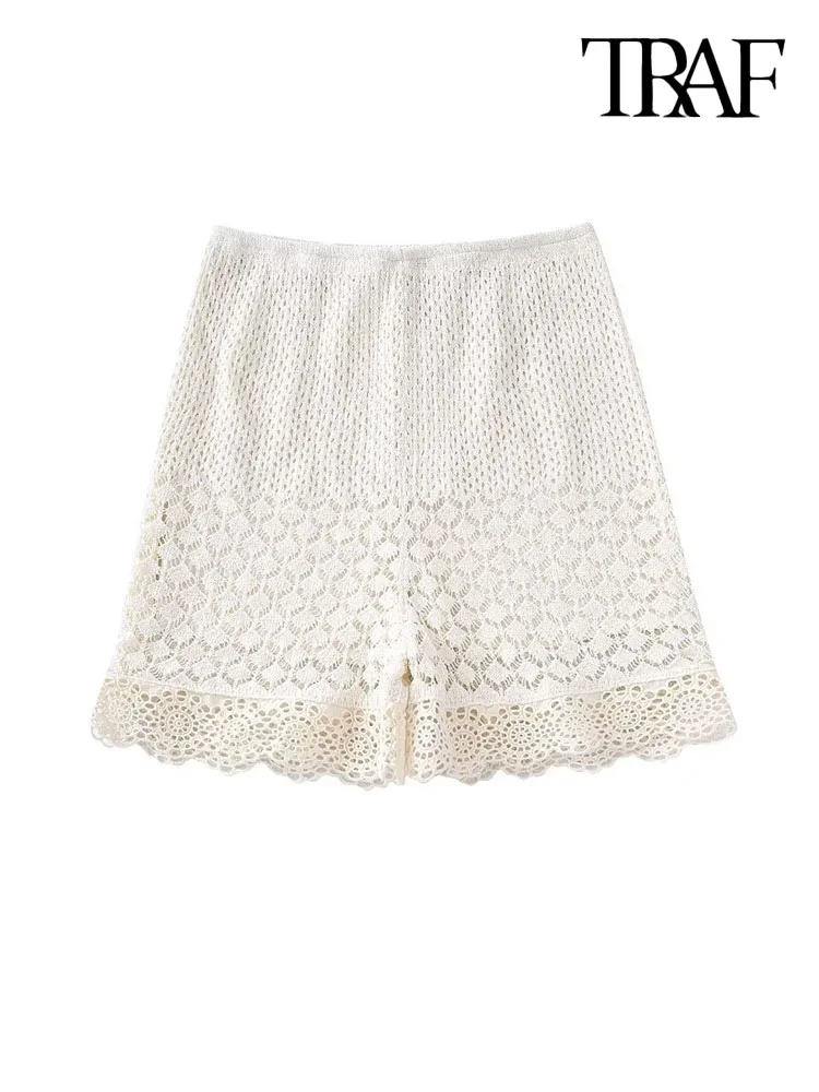 

TRAF Women Fashion With Lining Pointelle Knit Shorts Vintage High Waist With Waistband Female Short Pants Mujer