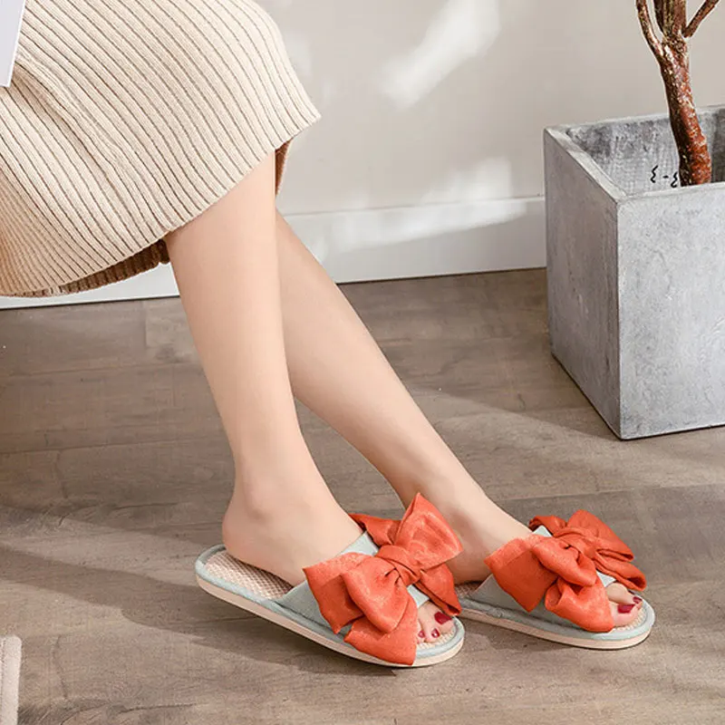 Shevalues Bow Slippers Women Fashion Autumn Home Soft Bottom Linen Slippers Indoor Outdoor Non-slip Flats New Comfortable Slides