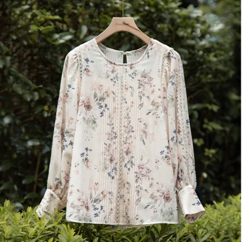 

Satin Printed Women's Shirts New Silk Vintage Blouses Spring/Summer O-Necks Ladies Clothing Loose Fashion Long Sleeves Tops