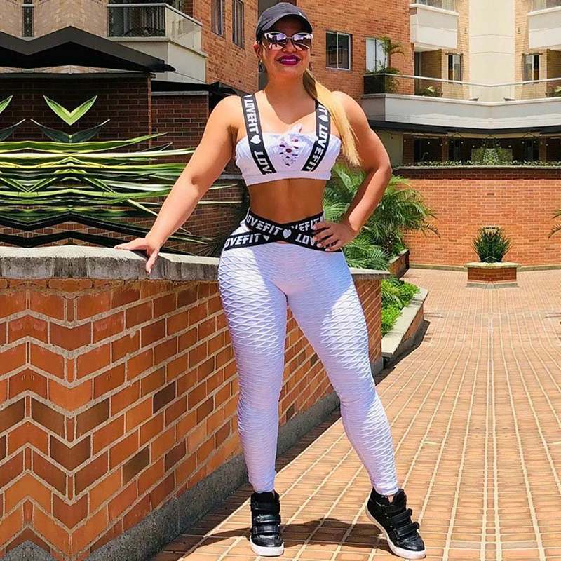 

Yeezzi Female Simple Fashion Sexy White Sportswear Textured Patchwork Letter Print Bra&Leggings Gym&Sports Suits for Women 2022
