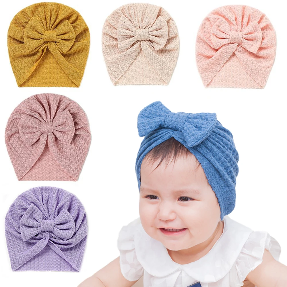 

5Pcs/Lot Waffle Bowknot Newborn Baby Girl Turban for Babies Soft Cotton Bow Infant Beanie Baby Headbands Baby Hair Accessories
