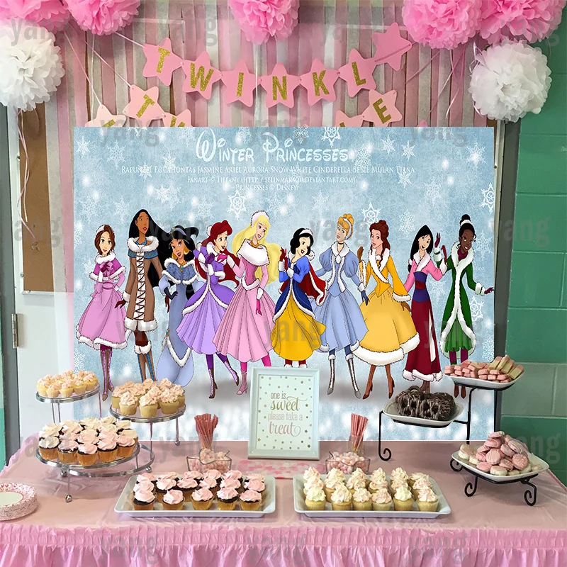 Disney Princess Snow White Cinderella Tiana Aurora Jasmine Mulan Photo Backdrop Birthday Party Custom Backgrounds Decoration enlarge