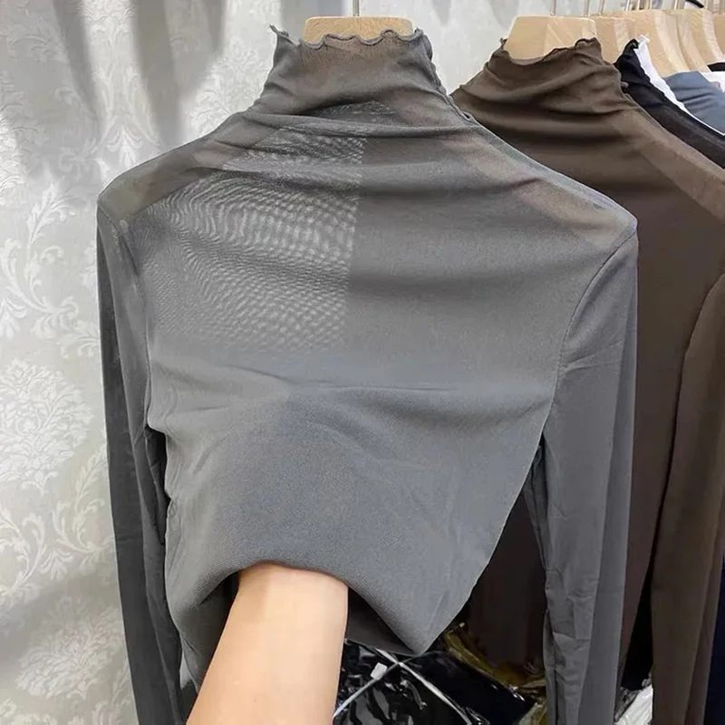 

2022 Spring Autumn All-match Mesh Lace Bottom Pullover Shirt Womens Long-sleeve High Collar Slightly Transparent Tops Blouses