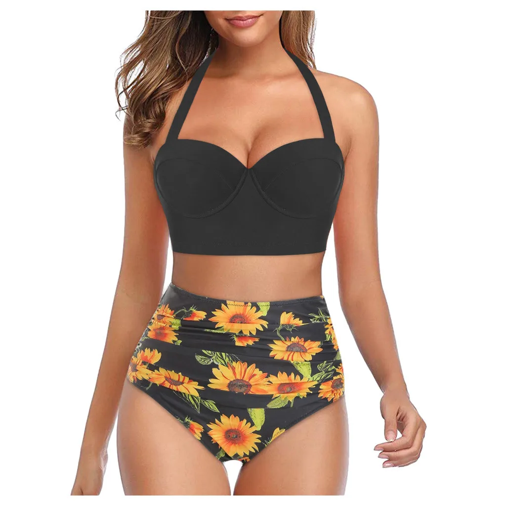 

2022 6 Colors Women Floral Print High Waist Crop Tops+shorts Two Piece Swimwear Halter Tankini Comfy High Quality Beach Swimsuit