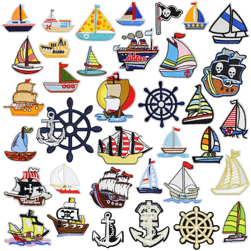

Cartoon Sailboat Embroidery Patches Small Yacht Iron Ons Rescue Vessel Cargo Ship Cloth Appliques Anchor Rudder Thermo Stickers