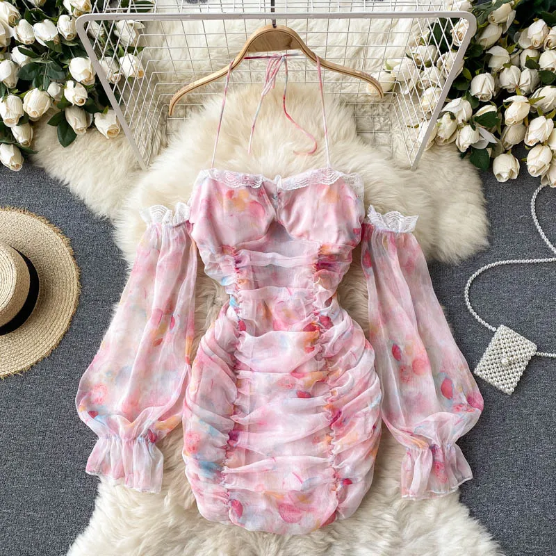 

Сексуальное платье ZCWXM с открытыми плечами и лямкой на шее, женское летнее кружевное лоскутное облегающее мини-платье с рюшами и длинным рук...