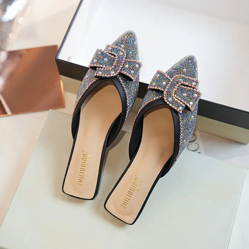 Summer New Half Slippers Fashion Flat Flip Flops Bottom Mules Shoes Sparkling Sandals Small Size Women's Slippers 33-43