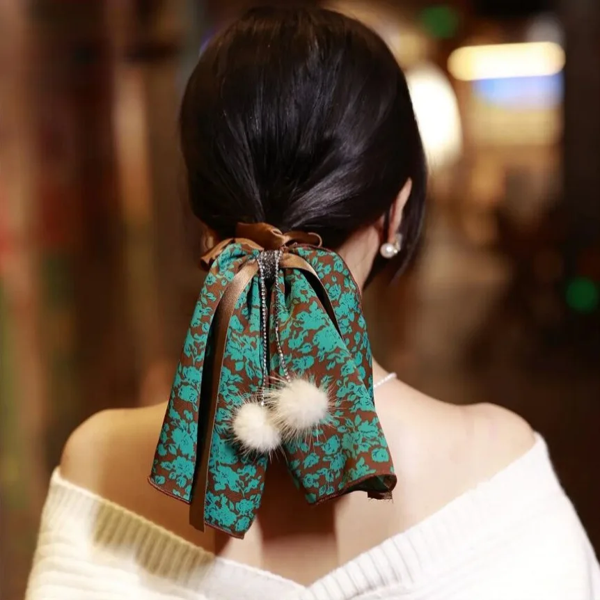 

New French Hair Ball Bow Ribbon Hair Ring High-Grade Large Intestine Winter Headdress Flower Vintage Headwear Women Jewellery