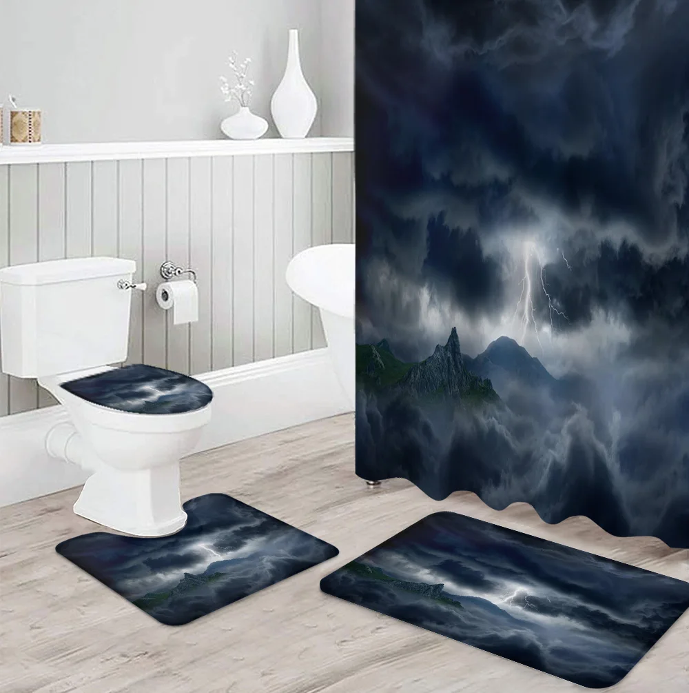 

Комплект занавесок для душа с принтом молнии и дымки, крышка для туалета, коврик для ванной комнаты, бытовой