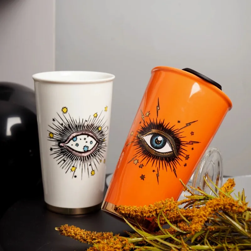 

380ML White Double Layer Art Ceramic Cups and Mugs Eyes with Lid Coffee Mug