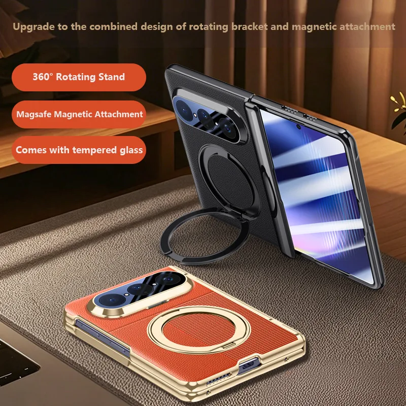 Фото Тонкий кожаный чехол для Huawei Pura X Max Purax Max 5G с металлическим вращающимся магнитным кронштейном и магнитной крышкой на центральной оси №2