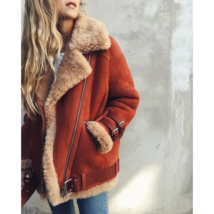 Motorcycle deerskin fleece lamb wool coat women's lapel fur cotton coat