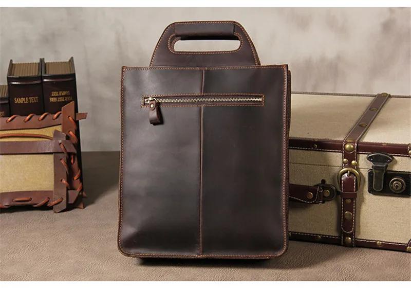 Retro fashion high quality crazy horse leather men's vertical document handbag simple business cowhide shoulder messenger bag
