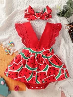baby watermelon print guipure lace trim combo bodysuit dress with headband