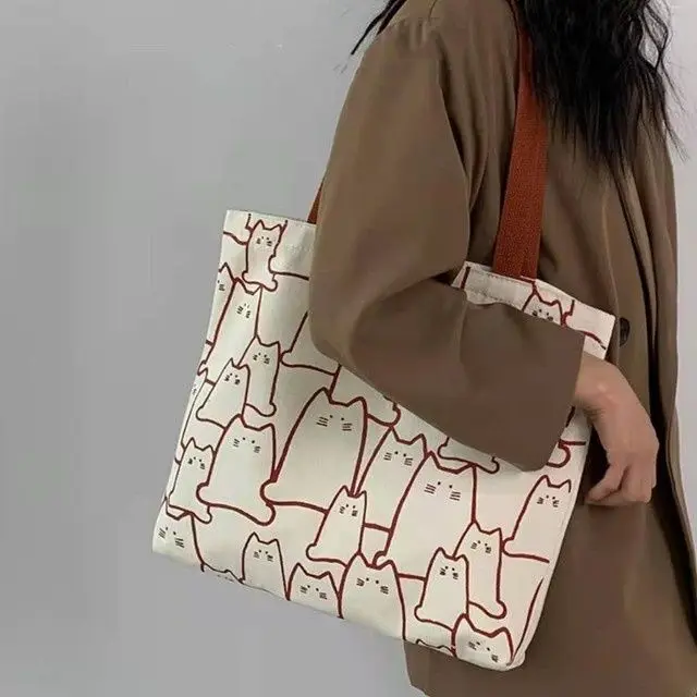 2023 Women Canvas Handbag For Fashion Cute Cat Tote Messenger Bags With Zipper Designer Bag Ladies Cartoon Shoulder Shopper Bags