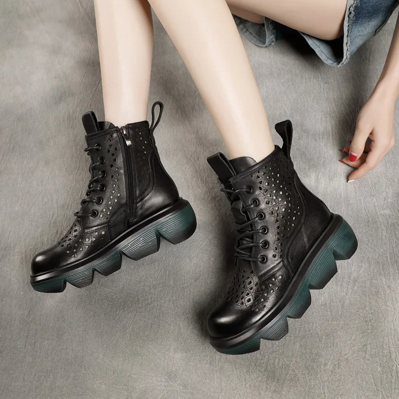 2021 New Spring Wear Handmade Genuine Leather  Platform Wedge Quality Hollow Boots Mid-Calf Riding Boots