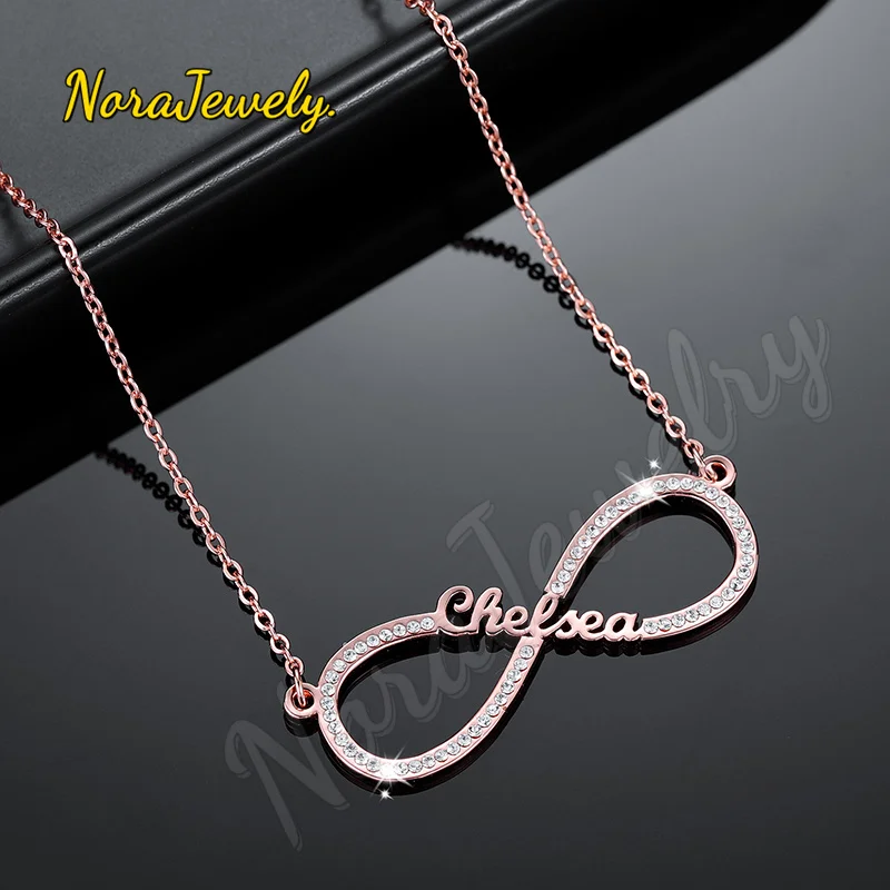 NORAJewelry Custom Infinity loop Name Necklace Personalized Iced Out Necklace StainlessSteel Nameplated Necklaces Christmas Gift