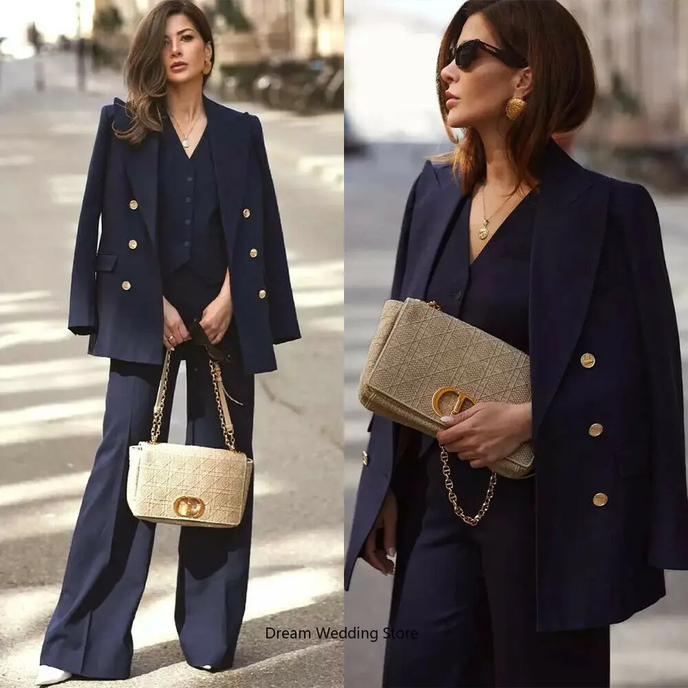 

Navy Blue Women Suits 3 Piece Set Designer (Jacket+Pants+Vest）Custom Made Formal Blazer Metal Button Office Business Coat