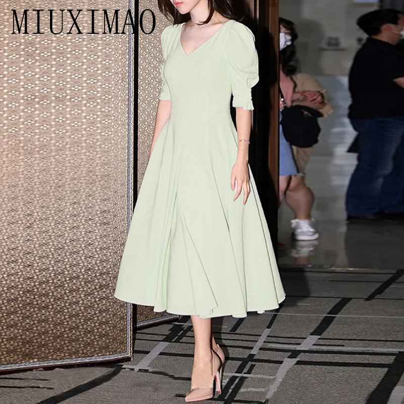 MIUXIMAO 2023 High Quality Spring&Summer Elegant Dress Short Sleeve V-Neck Solid Fashion Long Dress Women Vestides
