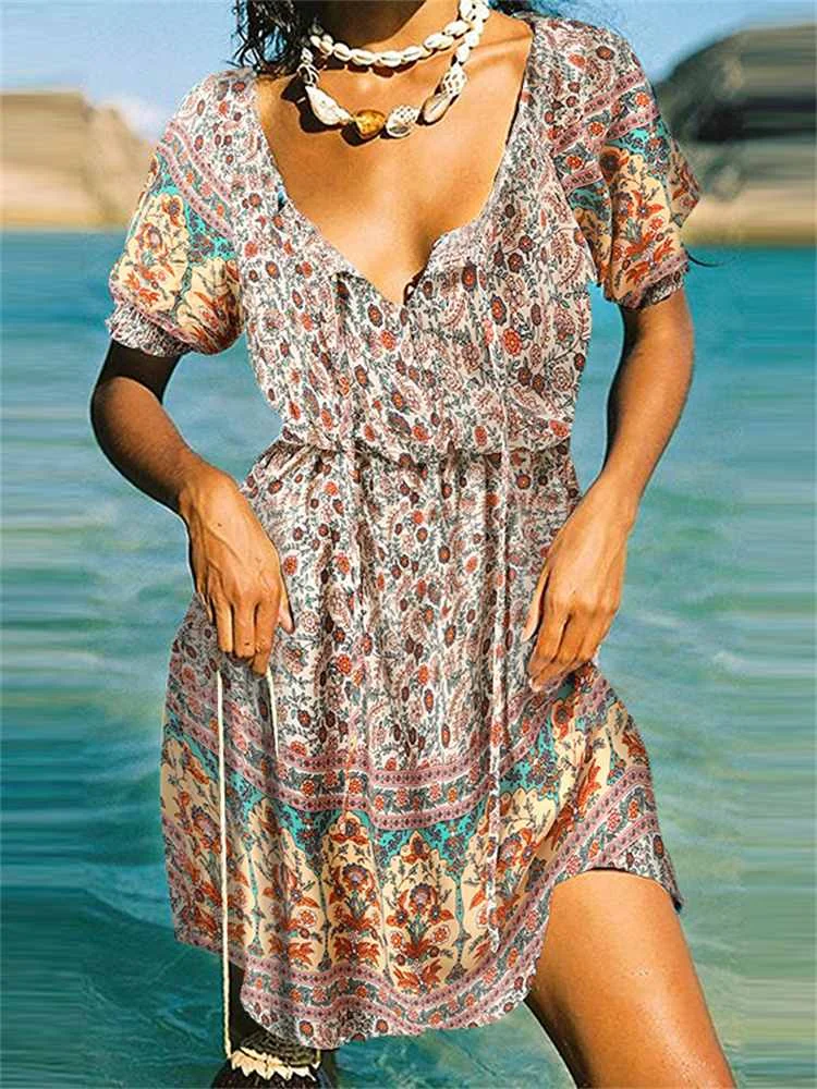 

Summer Bohemian Floral Printing Sundress Celmia Women 2022 O-neck Short Puff Sleeve Mini Dress Casual Bandage Holiday Vestidos