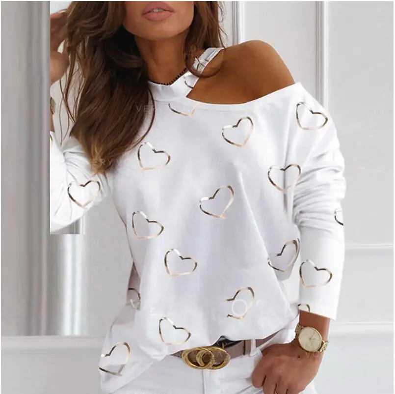 

Off Shoulder Tops Autumn Winter Women Casual Elegant O-Neck Heart Print Long Sleeve Halter T-Shirt Fashion Oversized Streetwear