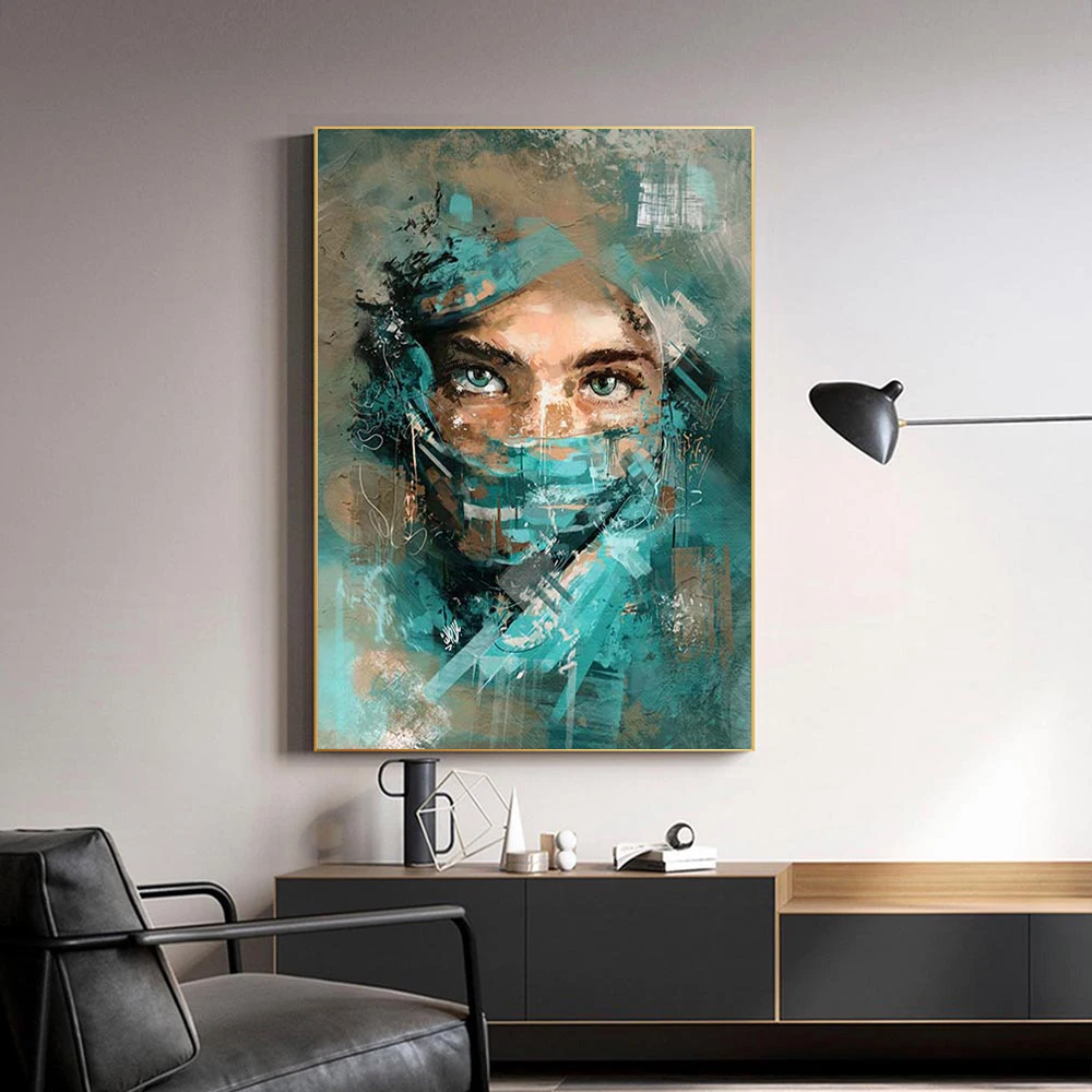 

Женское лицо с зеленой вуалью художественные плакаты абстрактная Женская портретная картина Печать на холсте Настенная картина декор комнаты квадраты