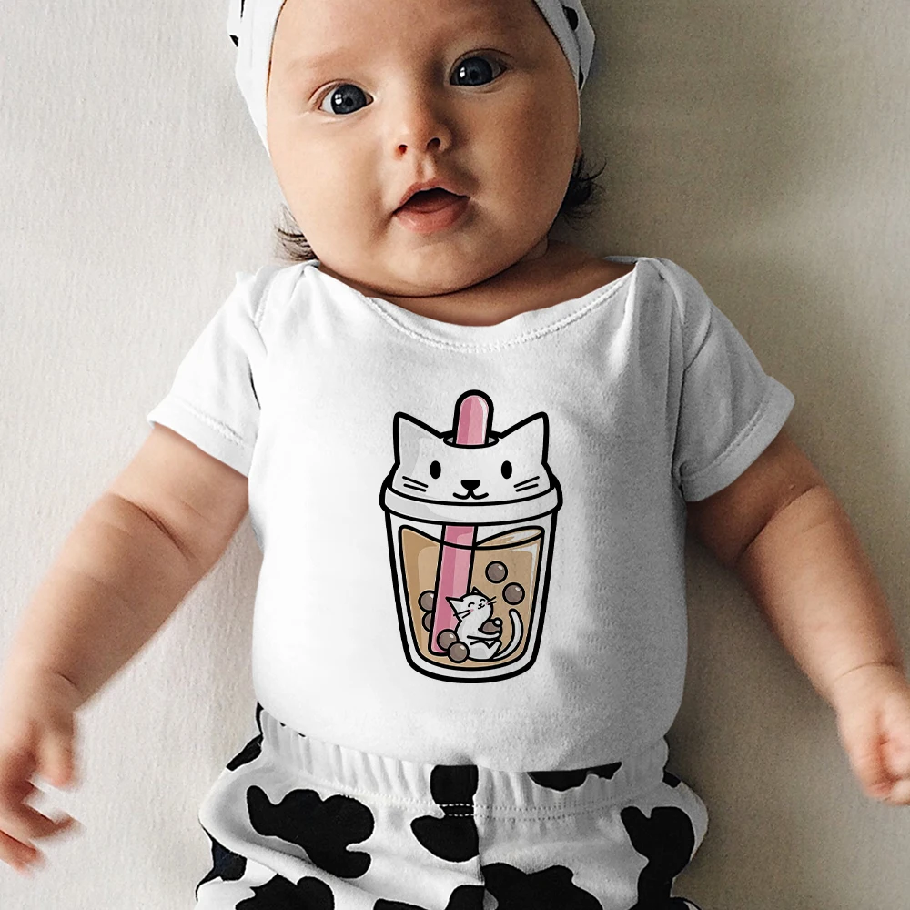 

Cute Cartoon Cat Milk Tea Graphics Funny Toddler Romper New Creative Fashion Harajuku O-Neck Breathable Baby Girl Boy Onesie