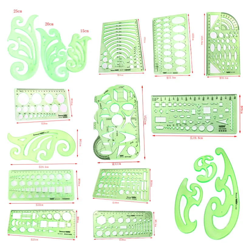 

17 PCS Geometric Drawing Template Measuring Ruler, Transparent Green Plastic Ruler for Studying, Designing and Sewing ruler