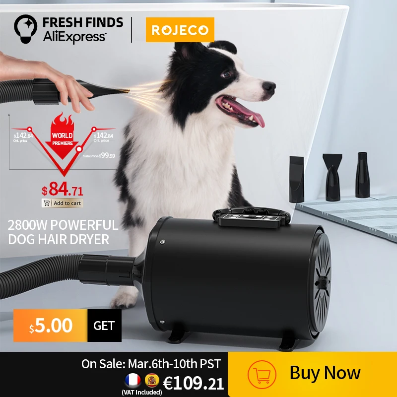 

ROJECO 2800W Dog Hair Dryer Powerful Anion Compressor For Dogs Pet Cat Grooming Drying Machine Animal Hair Blower For Dog Dryers