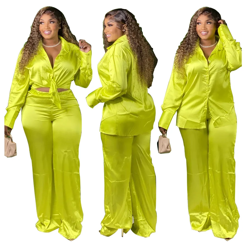 Plus Size Women's Trousers Suit Casual Loose Style Commuter Style 2022 Autumn and Winter New Solid Color Fluorescent Green