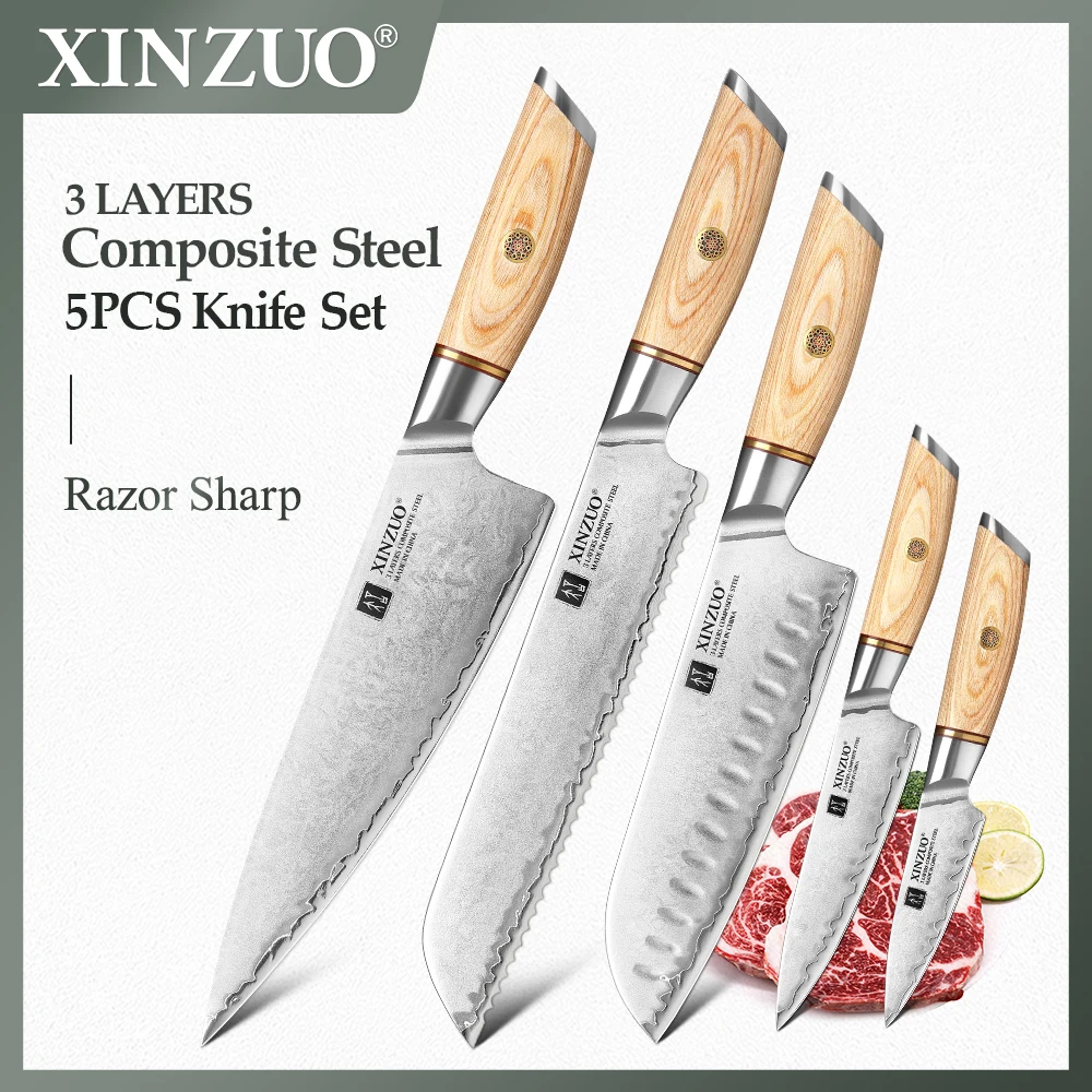 

Набор ножей XINZUO из 5 предметов, рукоятка Pakkawood, высокоуглеродистая 3-слойная плакированная сталь, ультра острые лезвия, кухонные инструменты ...
