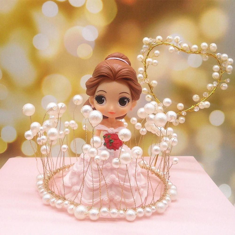 

Metal Pearl Princess Crown Cake Topper heart-shape love plug-in Wedding Birthday Cake dessert decoration Handmade Cake Decor