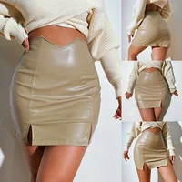 women casual high waist mini skirt fashion solid color pu leather double slit skinny short skirt