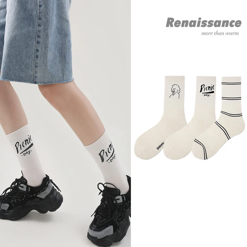 WYXCEN 3 Pairs/Set Original Design Women's Socks Ins Simple Style Trend In Tube Socks Combed Cotton Women's Cotton Socks