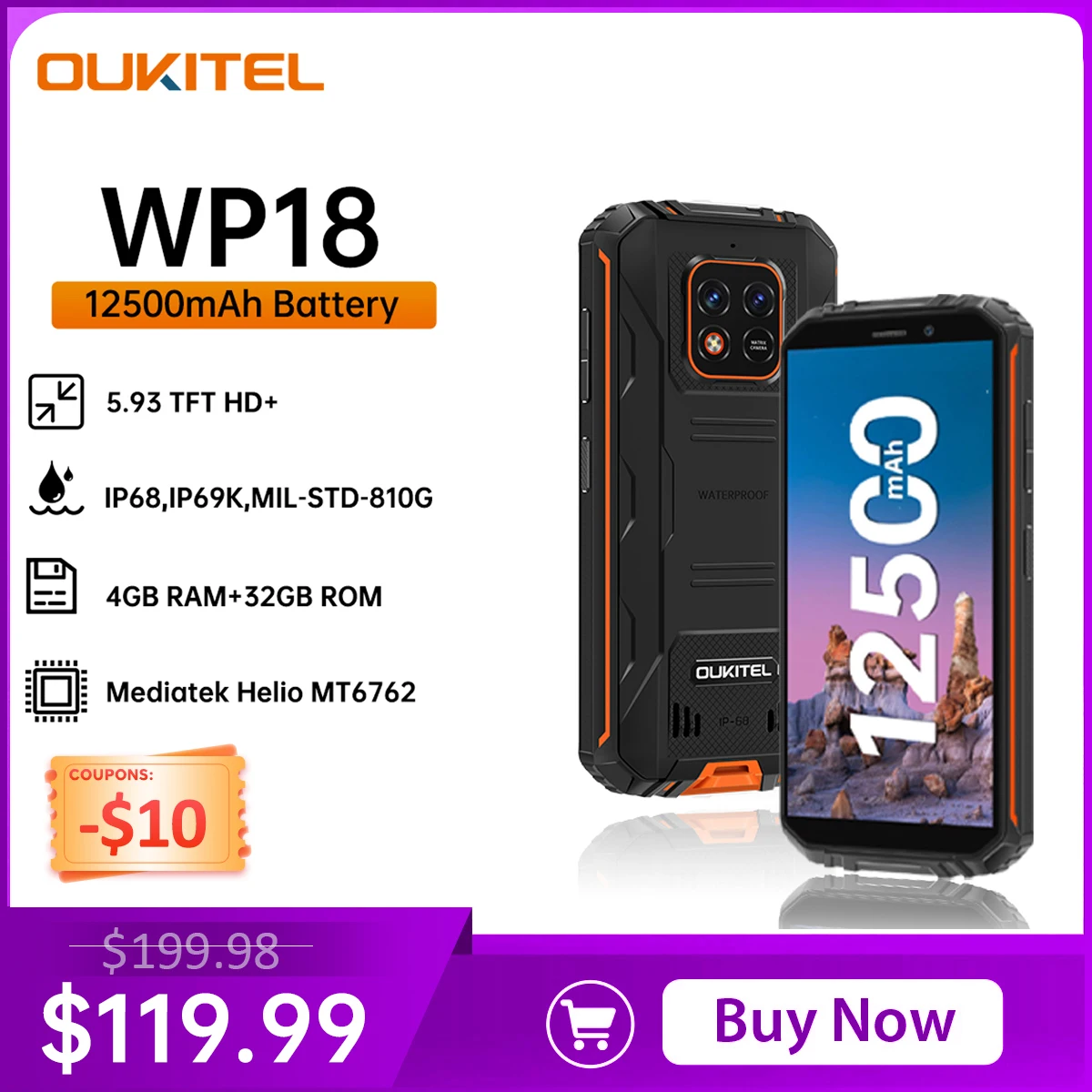 

Oukitel WP18 смартфон с 5,5-дюймовым дисплеем, четырёхъядерным процессором, ОЗУ 4 Гб, ПЗУ 32 ГБ, 5,93 мАч, 13 МП, Android 11