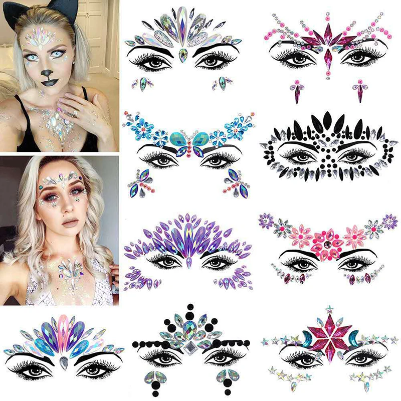 3D Diamond Eyebrow Sticker Halloween Makeup Shiny Rhinestones Face Jewelry Tattoo Self Adhesive DIY Beauty Music Festival Decor