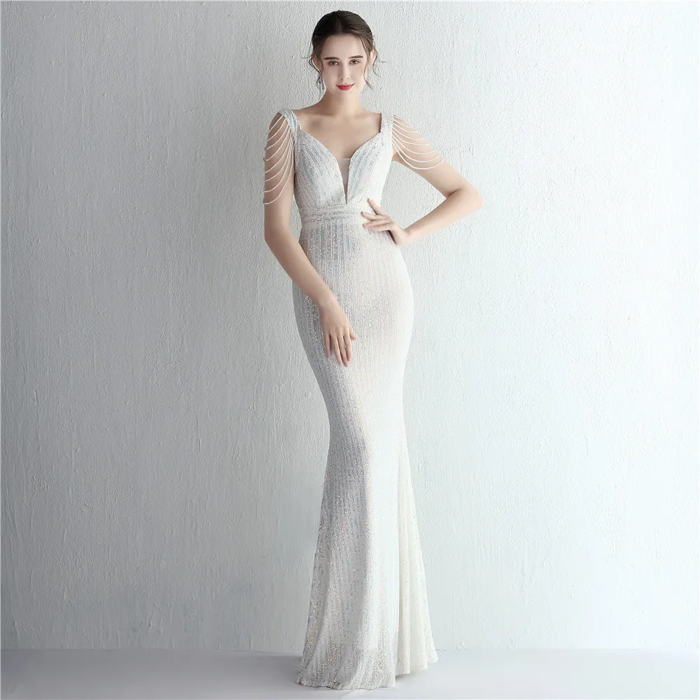 

New Sequined Ladies' Banquet Temperament V-neck Fringe Shows The Figure, Long Aura Queen's Dinner Fishtail Dress Evening Dress