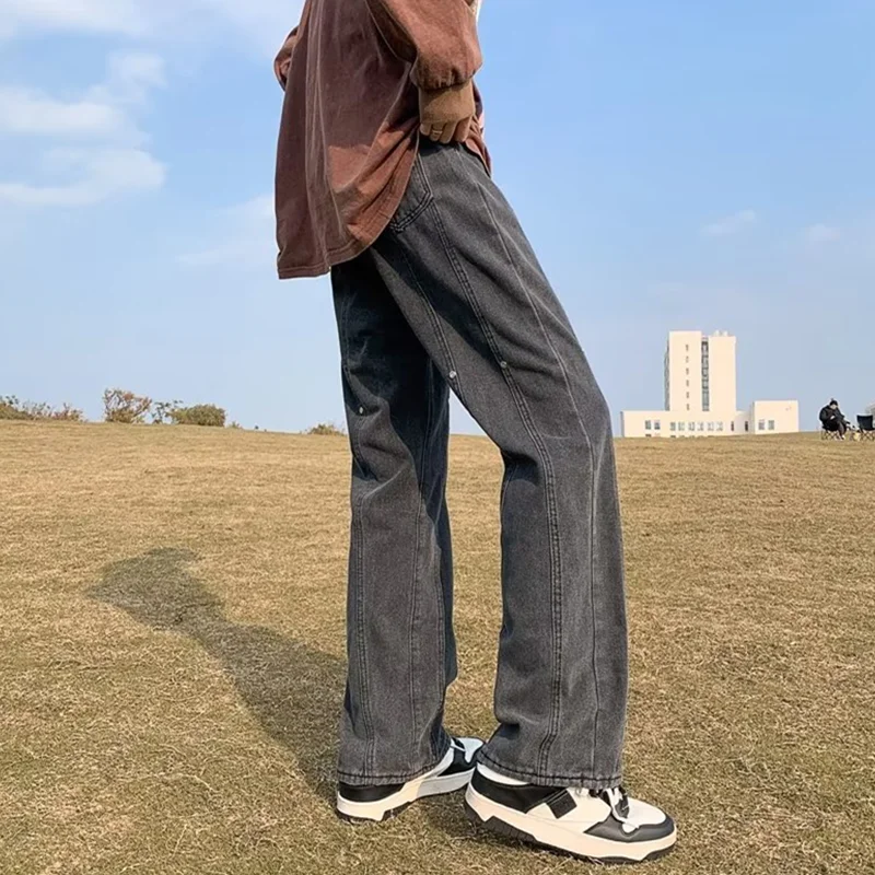 Streetwear Men 2022 New Style Vintage Loose Straight Cylinder Blue Jeans Temperament Versatile Wide Leg Trousers Autumn Female
