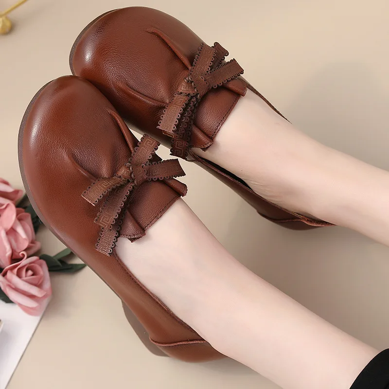 Luxury Green Ballet Flats Comfortable Elegant Women's Shoes Genuine Leather Loafers Ladies Bowknot Woman Soft Blue Moccasins