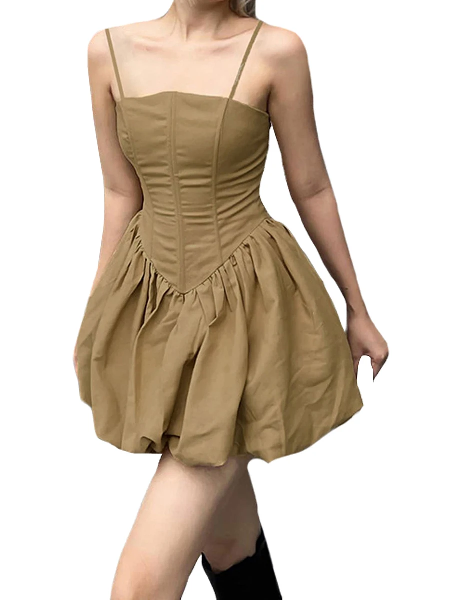 

Hot Sale Women's Khaki Mini A-Line Belted Slip Dress High Street Sleeveless Spaghetti Strap Solid Slim Fit Bubble Skirt