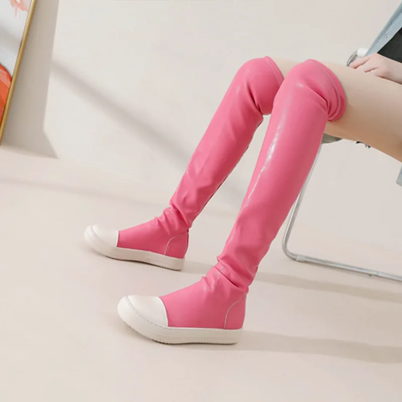 Повседневные женские эластичные облегающие сапоги выше колена на плоской