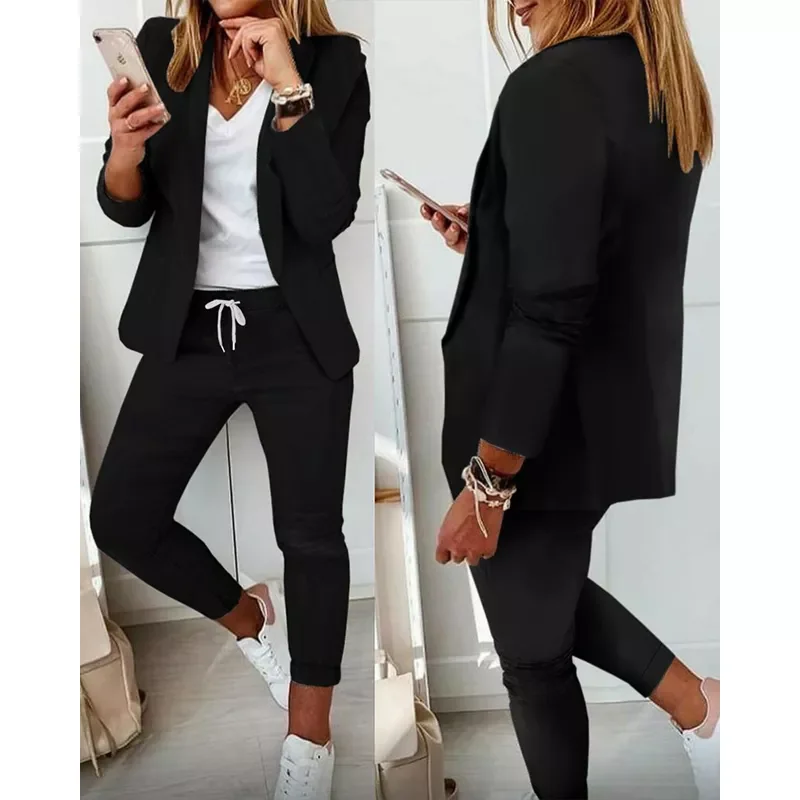 

Office Lady Black Solid Lapel Neck Blazer Coat Jacket & Drawstring Ankle Length Pants 2 Piece Set Women Autumn Winter Clothe